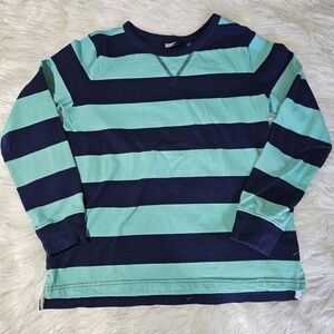 Lands' End Kids Navy and Teal Striped Long Sleeve Tee Sz L (10H-12H)